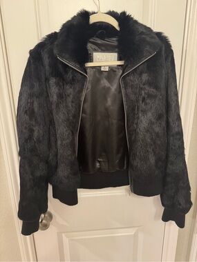 Wilsons Leather Black Faux Fur Bomber Jacket with Ribbed Hem